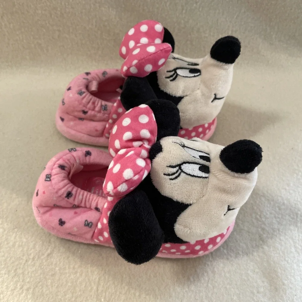 Disney Minnie Mouse Pink And Black Girls Toddler House Slippers Size 7-8